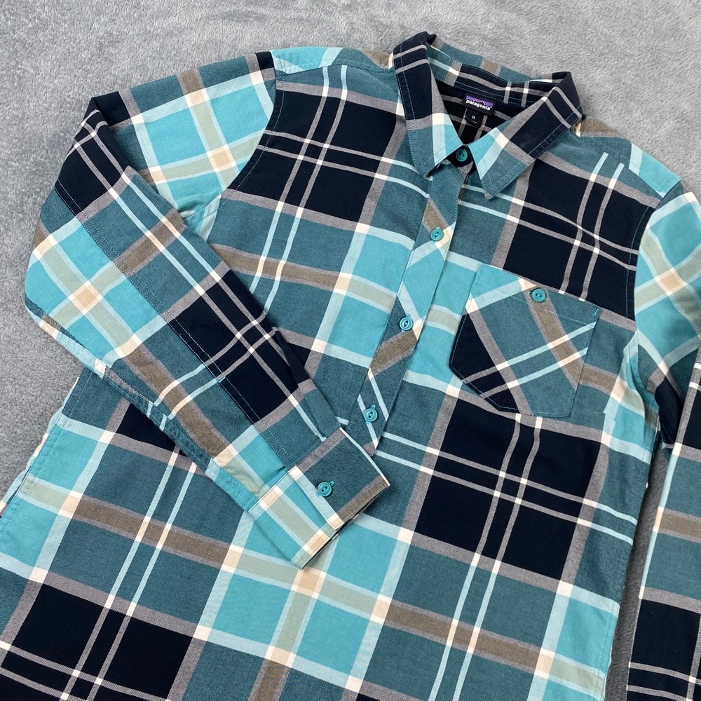 Patagonia Women Medium Flannel Shirt Teal Blue Plaid Organic Cotton Button Up